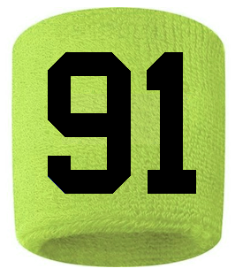 Number 91 Custom Volt Neon Lime Green w/ Black #'s Sweatband Wristband Embroidered Stitched
