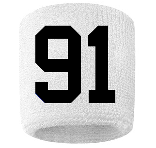 Number 91 Custom White w/ Black #'s Sweatband Wristband Embroidered Stitched