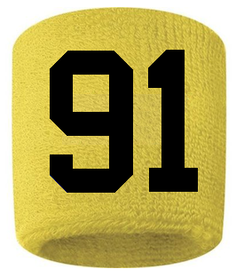 Number 91 Custom Yellow w/ Black #'s Sweatband Wristband Embroidered Stitched