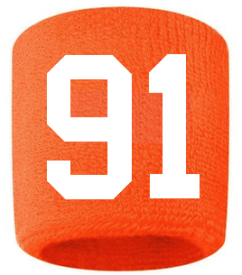 Number 91 Custom Orange w/ White #'s Sweatband Wristband Embroidered Stitched