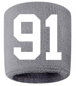 Number 91 Custom Gray w/ White #'s Sweatband Wristband Embroidered Stitched