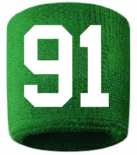 Number 91 Custom Green w/ White #'s Sweatband Wristband Embroidered Stitched