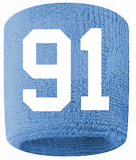 Number 91 Custom Light Blue w/ White #'s Sweatband Wristband Embroidered Stitched