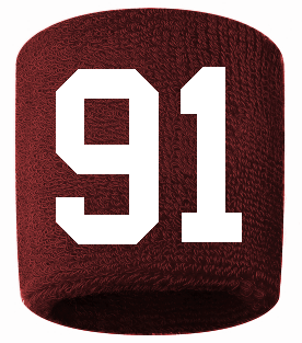 Number 91 Custom Maroon w/ White #'s Sweatband Wristband Embroidered Stitched