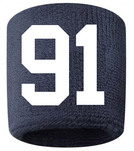 Number 91 Custom Navy Blue w/ White #'s Sweatband Wristband Embroidered Stitched
