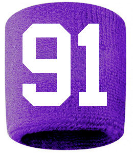 Number 91 Custom Purple w/ White #'s Sweatband Wristband Embroidered Stitched