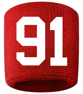 Number 91 Custom Red w/ White #'s Sweatband Wristband Embroidered Stitched
