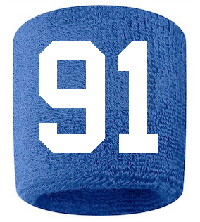 Number 91 Custom Royal Blue w/ White #'s Sweatband Wristband Embroidered Stitched