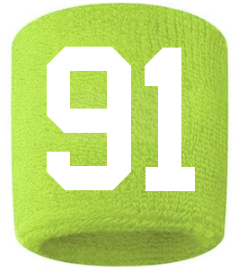 Number 91 Custom Volt Neon Lime Green w/ White #'s Sweatband Wristband Embroidered Stitched