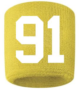 Number 91 Custom Yellow w/ White #'s Sweatband Wristband Embroidered Stitched