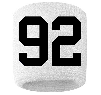 Number 92 Custom White w/ Black #'s Sweatband Wristband Embroidered Stitched