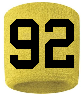 Number 92 Custom Yellow w/ Black #'s Sweatband Wristband Embroidered Stitched
