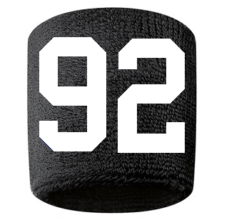 Number 92 Custom Black w/ White #'s Sweatband Wristband Embroidered Stitched
