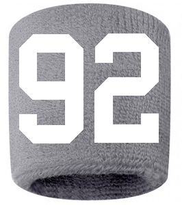 Number 92 Custom Gray w/ White #'s Sweatband Wristband Embroidered Stitched