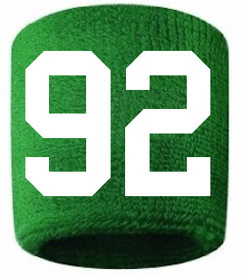 Number 92 Custom Green w/ White #'s Sweatband Wristband Embroidered Stitched