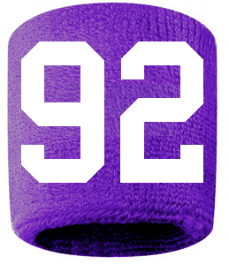 Number 92 Custom Purple w/ White #'s Sweatband Wristband Embroidered Stitched