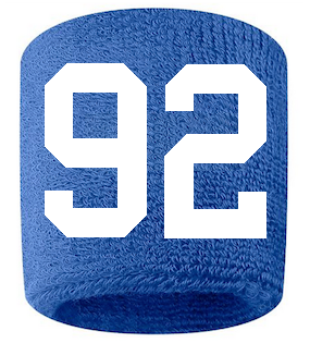 Number 92 Custom Royal Blue w/ White #'s Sweatband Wristband Embroidered Stitched
