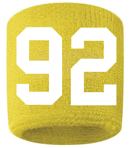 Number 92 Custom Yellow w/ White #'s Sweatband Wristband Embroidered Stitched