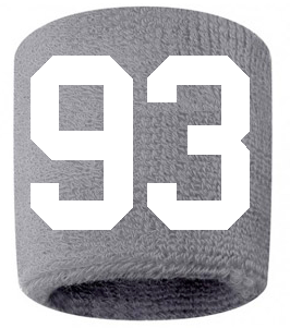 Number 93 Custom Gray w/ White #'s Sweatband Wristband Embroidered Stitched