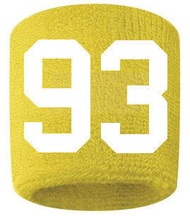 Number 93 Custom Yellow w/ White #'s Sweatband Wristband Embroidered Stitched