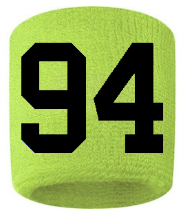 Number 94 Custom Volt Neon Lime Green w/ Black #'s Sweatband Wristband Embroidered Stitched