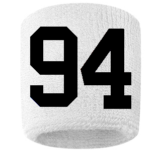 Number 94 Custom White w/ Black #'s Sweatband Wristband Embroidered Stitched
