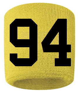 Number 94 Custom Yellow w/ Black #'s Sweatband Wristband Embroidered Stitched