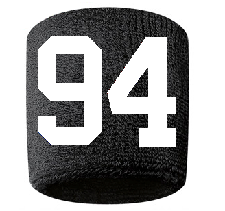 Number 94 Custom Black w/ White #'s Sweatband Wristband Embroidered Stitched