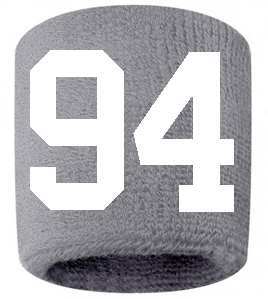 Number 94 Custom Gray w/ White #'s Sweatband Wristband Embroidered Stitched