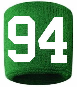 Number 94 Custom Green w/ White #'s Sweatband Wristband Embroidered Stitched