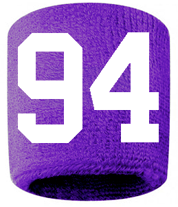 Number 94 Custom Purple w/ White #'s Sweatband Wristband Embroidered Stitched