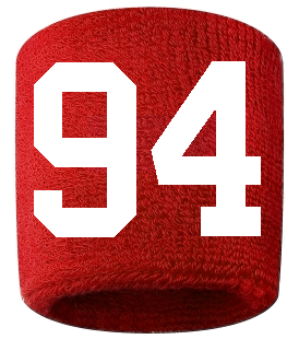Number 94 Custom Red w/ White #'s Sweatband Wristband Embroidered Stitched