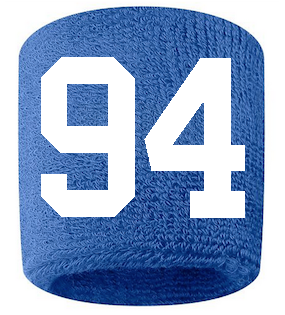 Number 94 Custom Royal Blue w/ White #'s Sweatband Wristband Embroidered Stitched