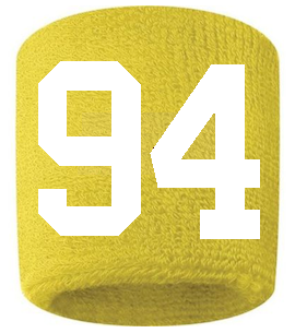 Number 94 Custom Yellow w/ White #'s Sweatband Wristband Embroidered Stitched