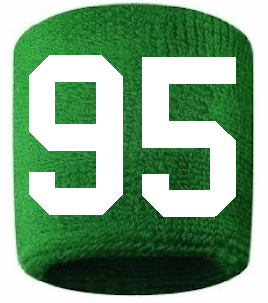 Number 95 Custom Green w/ White #'s Sweatband Wristband Embroidered Stitched