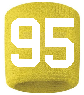 Number 95 Custom Yellow w/ White #'s Sweatband Wristband Embroidered Stitched