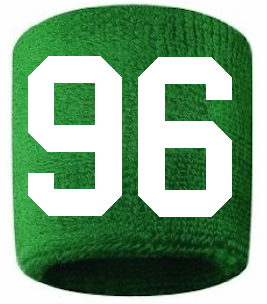 Number 96 Custom Green w/ White #'s Sweatband Wristband Embroidered Stitched