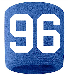 Number 96 Custom Royal Blue w/ White #'s Sweatband Wristband Embroidered Stitched