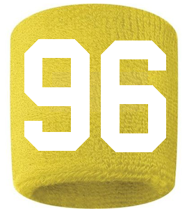 Number 96 Custom Yellow w/ White #'s Sweatband Wristband Embroidered Stitched