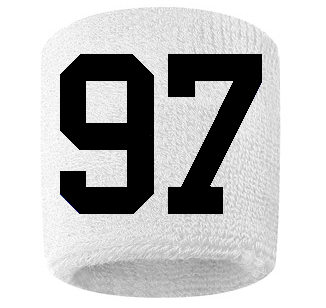 Number 97 Custom White w/ Black #'s Sweatband Wristband Embroidered Stitched