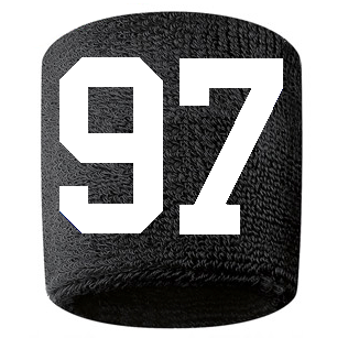 Number 97 Custom Black w/ White #'s Sweatband Wristband Embroidered Stitched