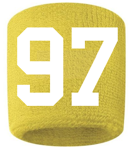 Number 97 Custom Yellow w/ White #'s Sweatband Wristband Embroidered Stitched