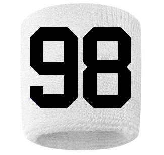 Number 98 Custom White w/ Black #'s Sweatband Wristband Embroidered Stitched