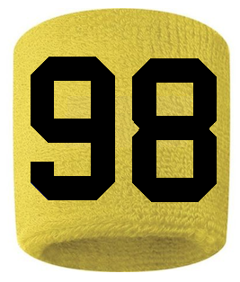 Number 98 Custom Yellow w/ Black #'s Sweatband Wristband Embroidered Stitched