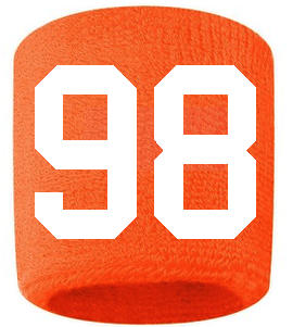 Number 98 Custom Orange w/ White #'s Sweatband Wristband Embroidered Stitched