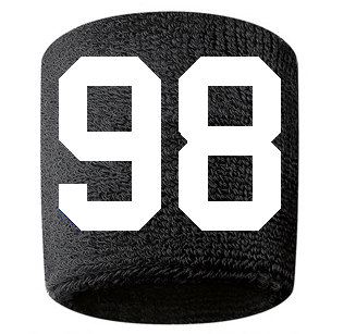 Number 98 Custom Black w/ White #'s Sweatband Wristband Embroidered Stitched