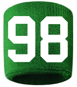 Number 98 Custom Green w/ White #'s Sweatband Wristband Embroidered Stitched