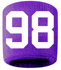 Number 98 Custom Purple w/ White #'s Sweatband Wristband Embroidered Stitched