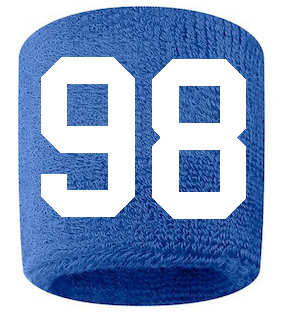 Number 98 Custom Royal Blue w/ White #'s Sweatband Wristband Embroidered Stitched