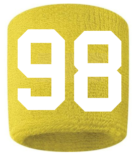Number 98 Custom Yellow w/ White #'s Sweatband Wristband Embroidered Stitched